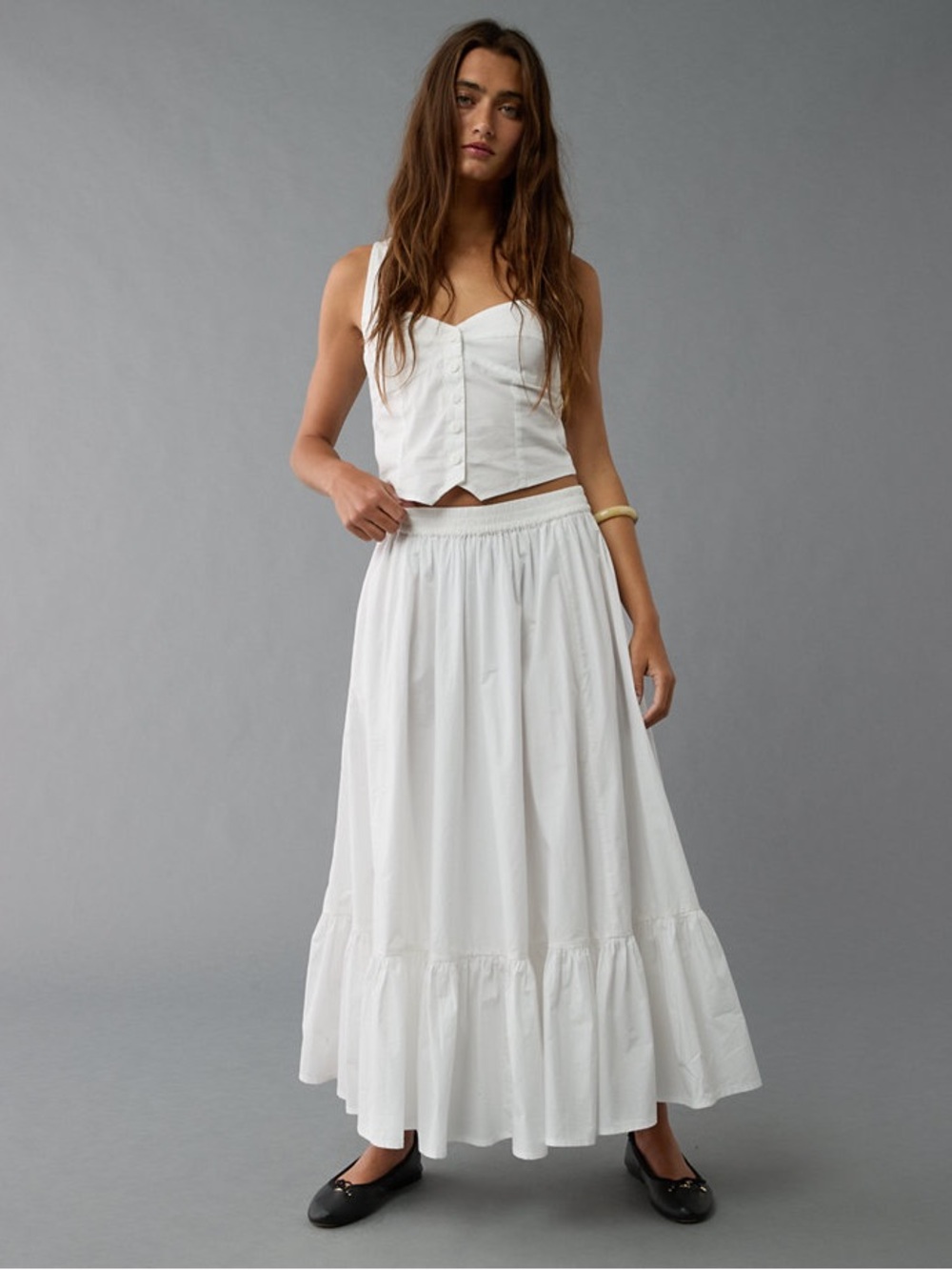 American Eagle White Ruffle Hem Maxi Skirt Size Medium